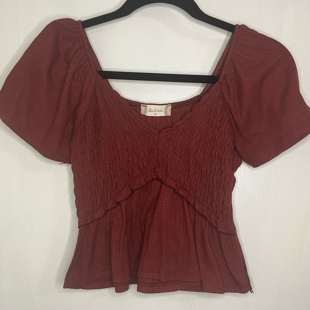 Altar’d State Red Smocked Short Sleeve Top